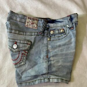 True Religion Light Blue Distressed Denim Shorts